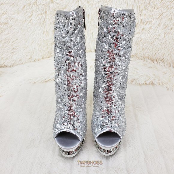 Blondie Luxurious Silver Sequin Slouchy Shaft High Heel Ankle Boots 1008 - Picture 13 of 13